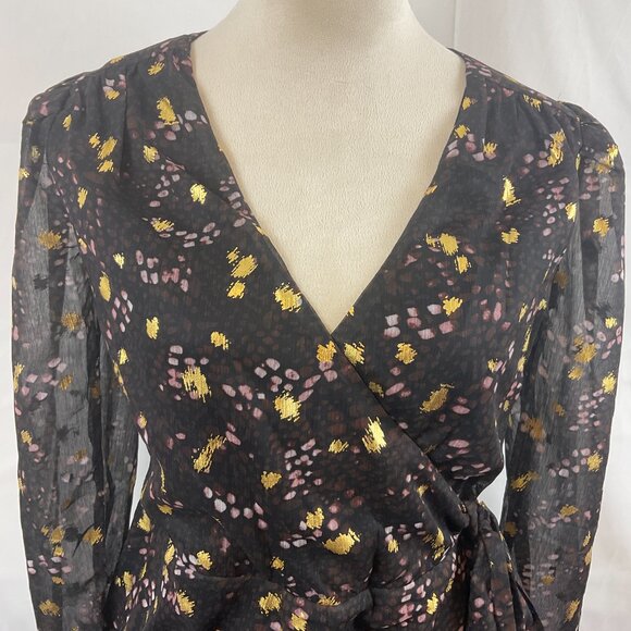 Sage The Label Mini Dress S Black Gold Purple Print Crossover Neck - Picture 3 of 10